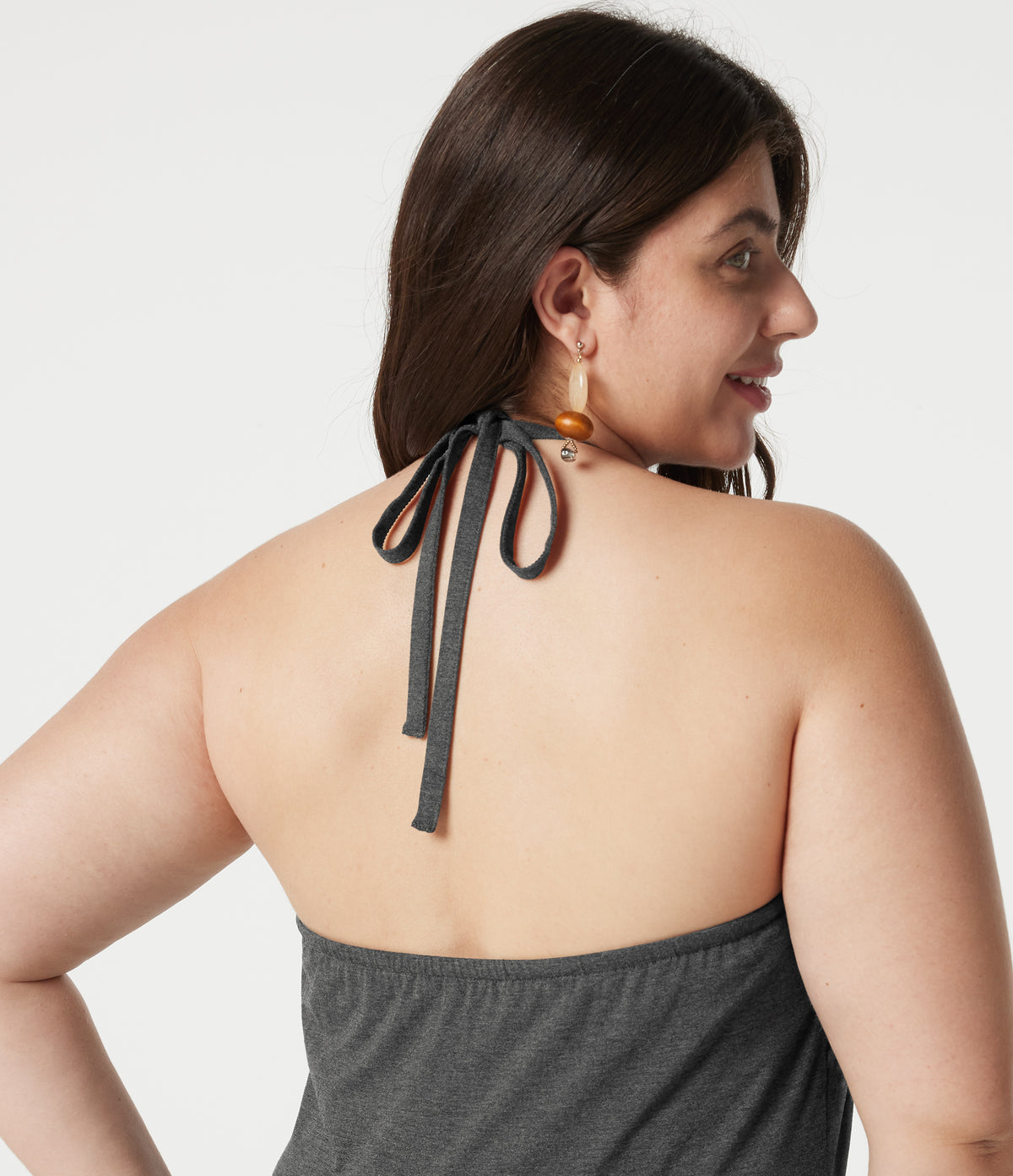 Plus Size Halter Tie Back Built-in Bra Maxi Dress with Pockets — Darl Gray Floral Yarn — view 5