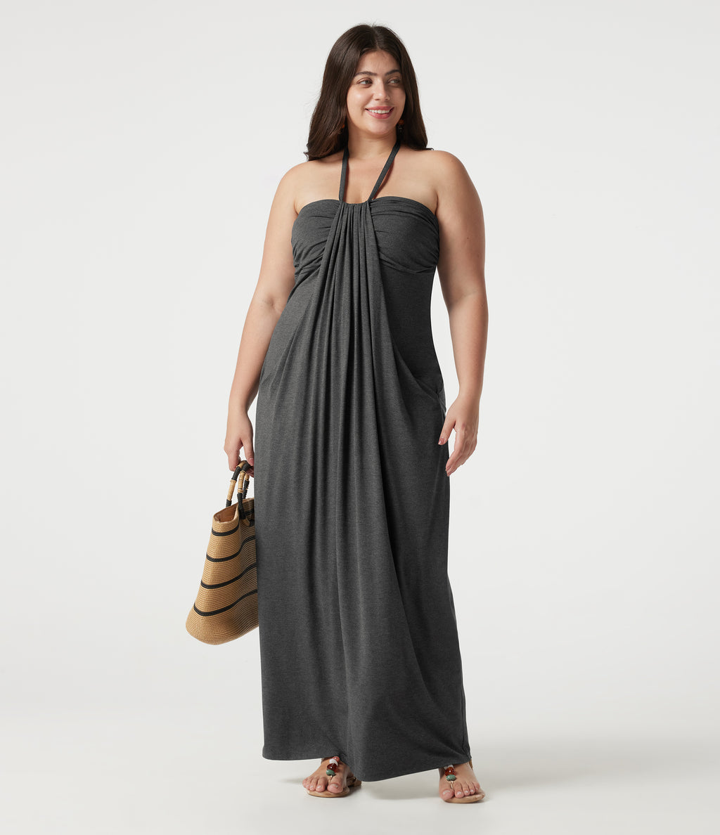 Plus Size Halter Tie Back Built-in Bra Maxi Dress with Pockets — Darl Gray Floral Yarn — view 8