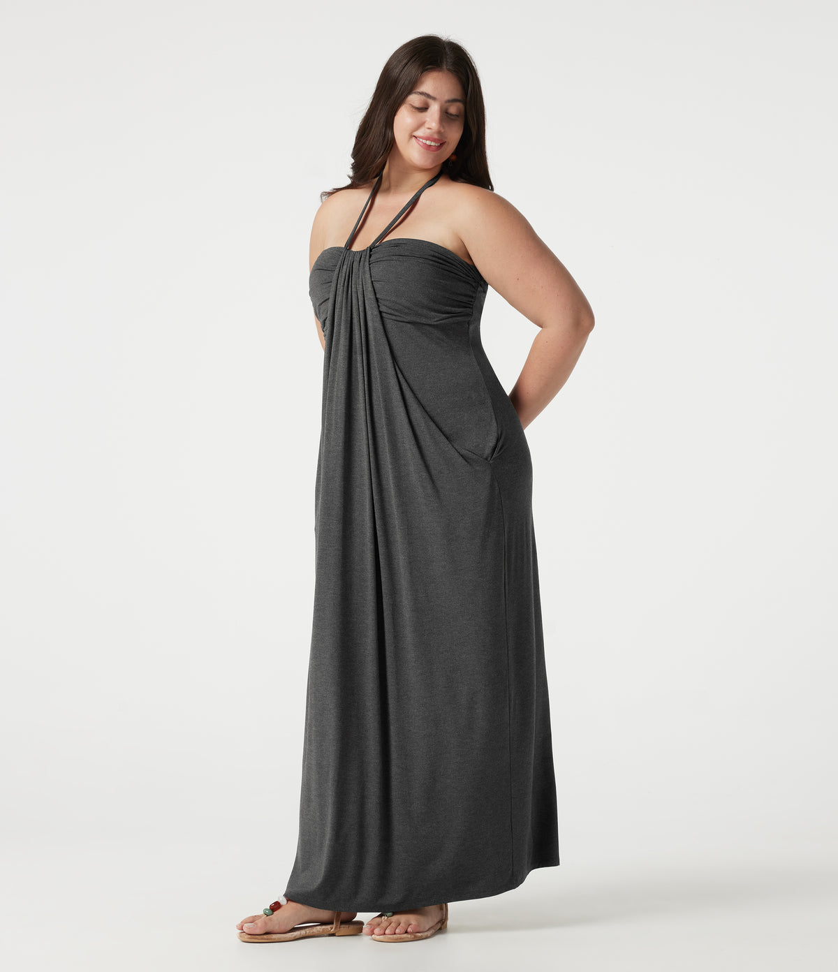 Plus Size Halter Tie Back Built-in Bra Maxi Dress with Pockets — Darl Gray Floral Yarn — view 3