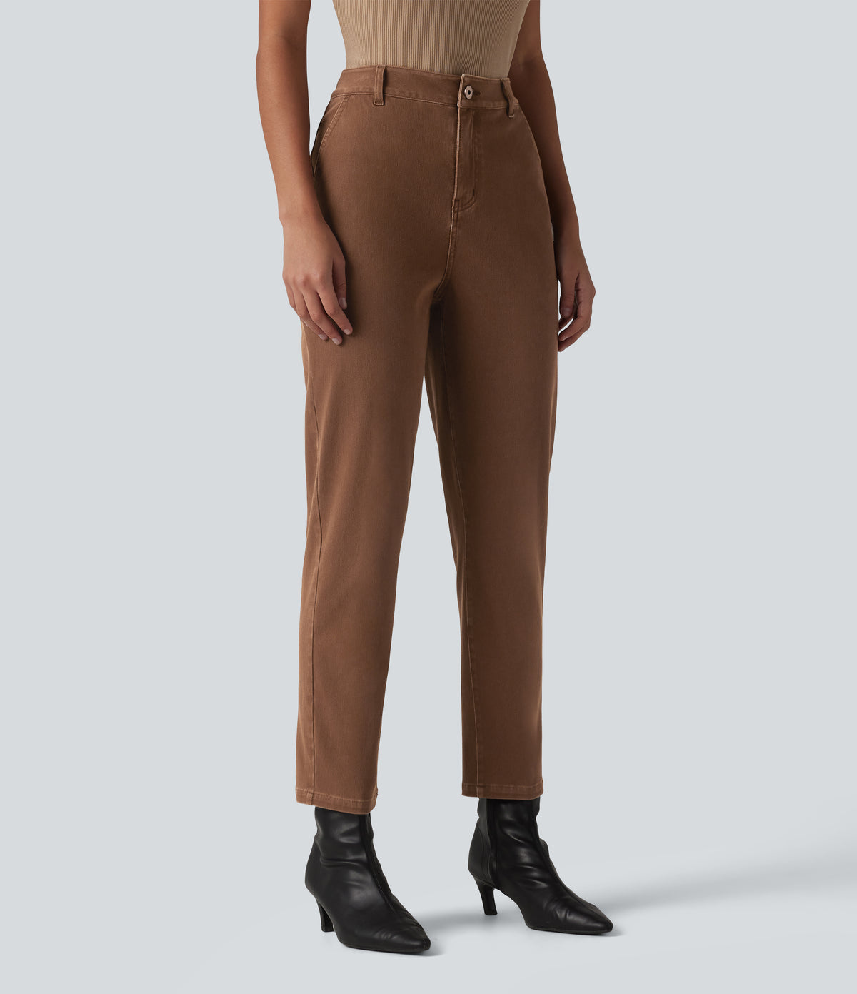 High Waisted Tapered Work Jeans with Pockets — Cliffside Brown — view 3