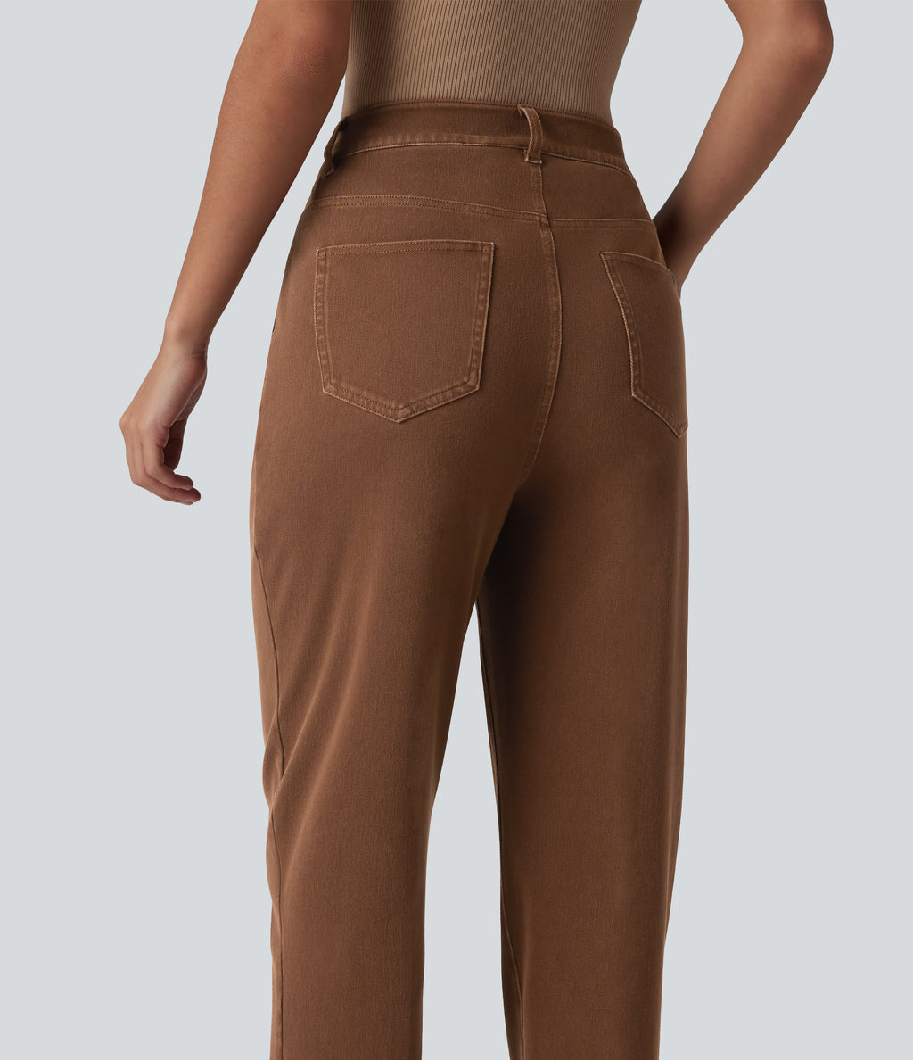 High Waisted Tapered Work Jeans with Pockets — Cliffside Brown — view 5