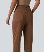 High Waisted Tapered Work Jeans with Pockets — Cliffside Brown — view 5