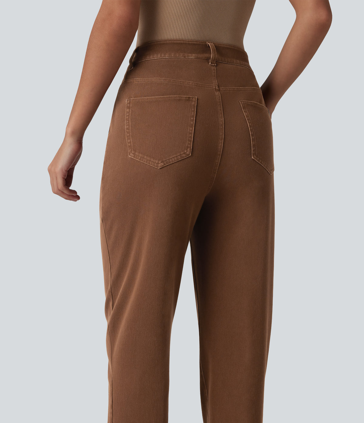 High Waisted Tapered Work Jeans with Pockets — Cliffside Brown — view 5