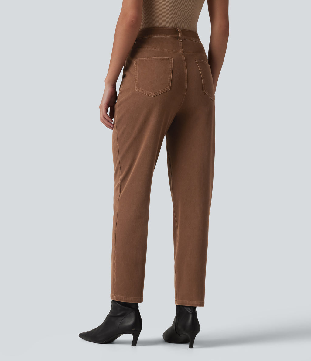 High Waisted Tapered Work Jeans with Pockets — Cliffside Brown — view 2
