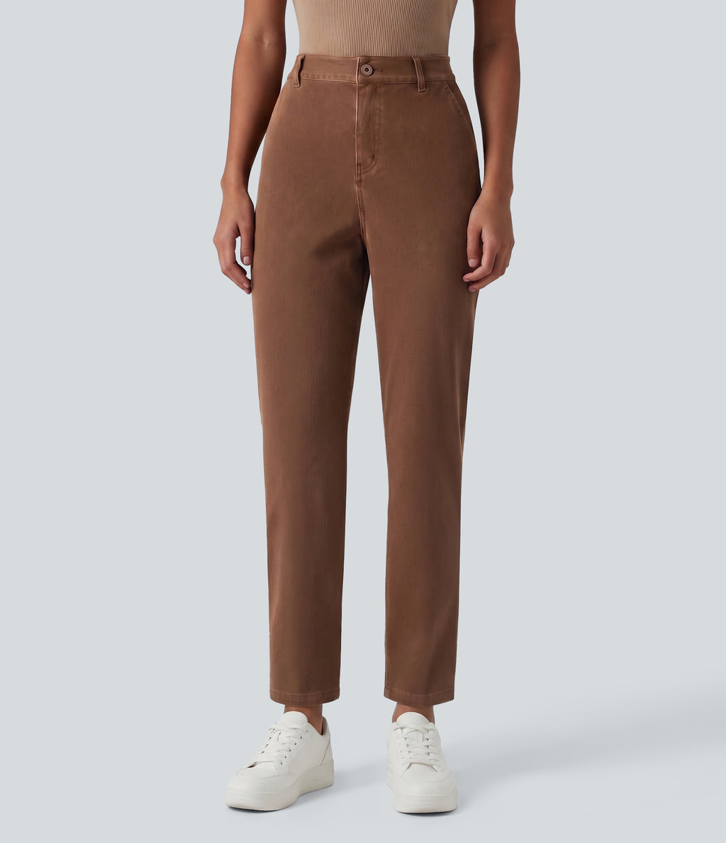High Waisted Tapered Work Jeans with Pockets — Cliffside Brown — view 7