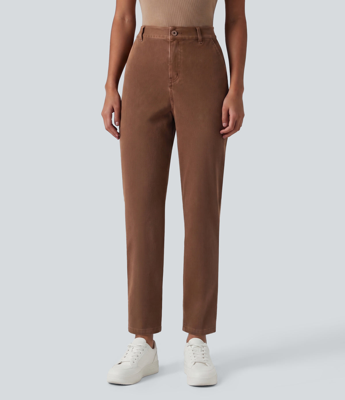 High Waisted Tapered Work Jeans with Pockets — Cliffside Brown — view 7