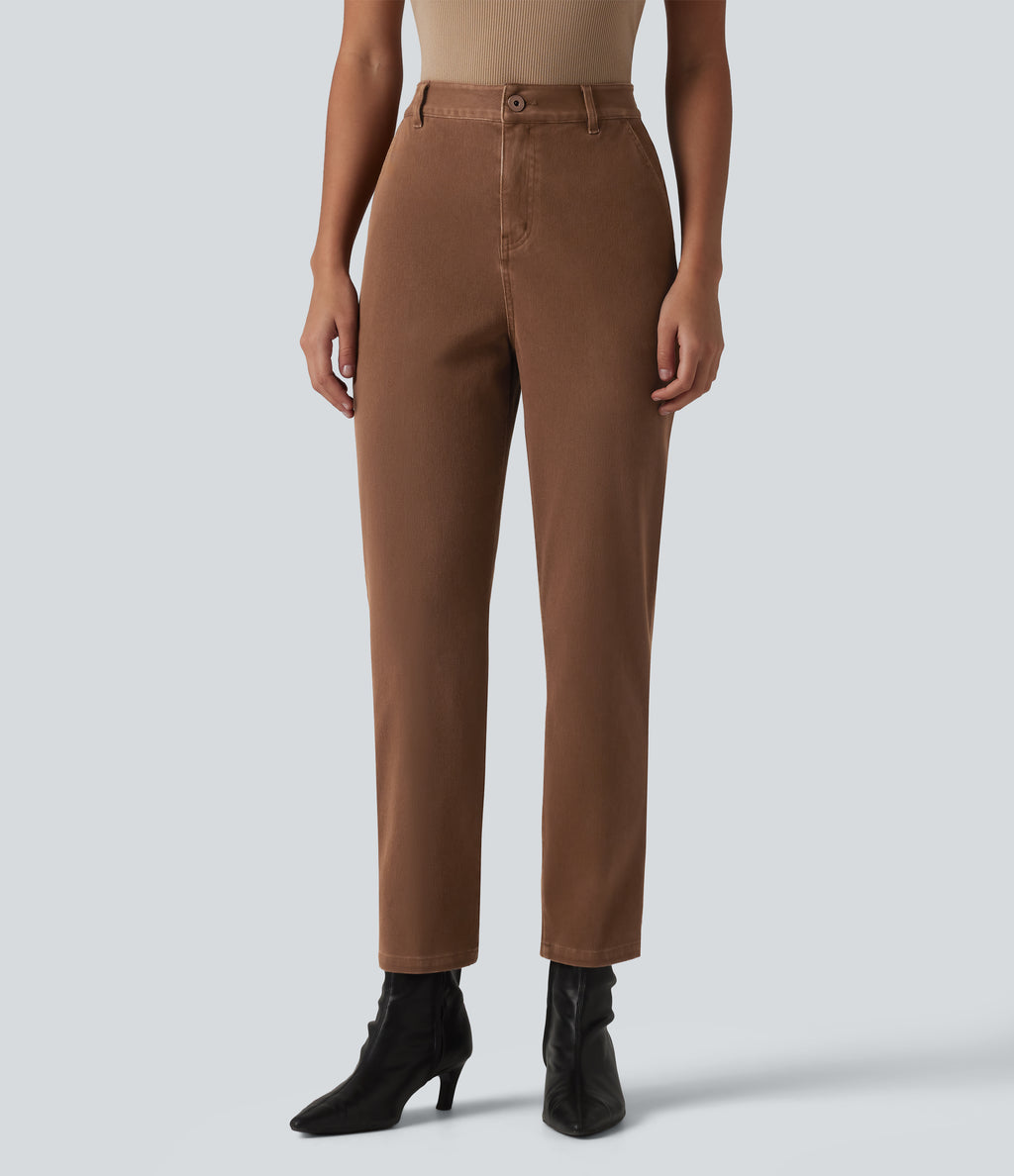 High Waisted Tapered Work Jeans with Pockets — Cliffside Brown — view 1