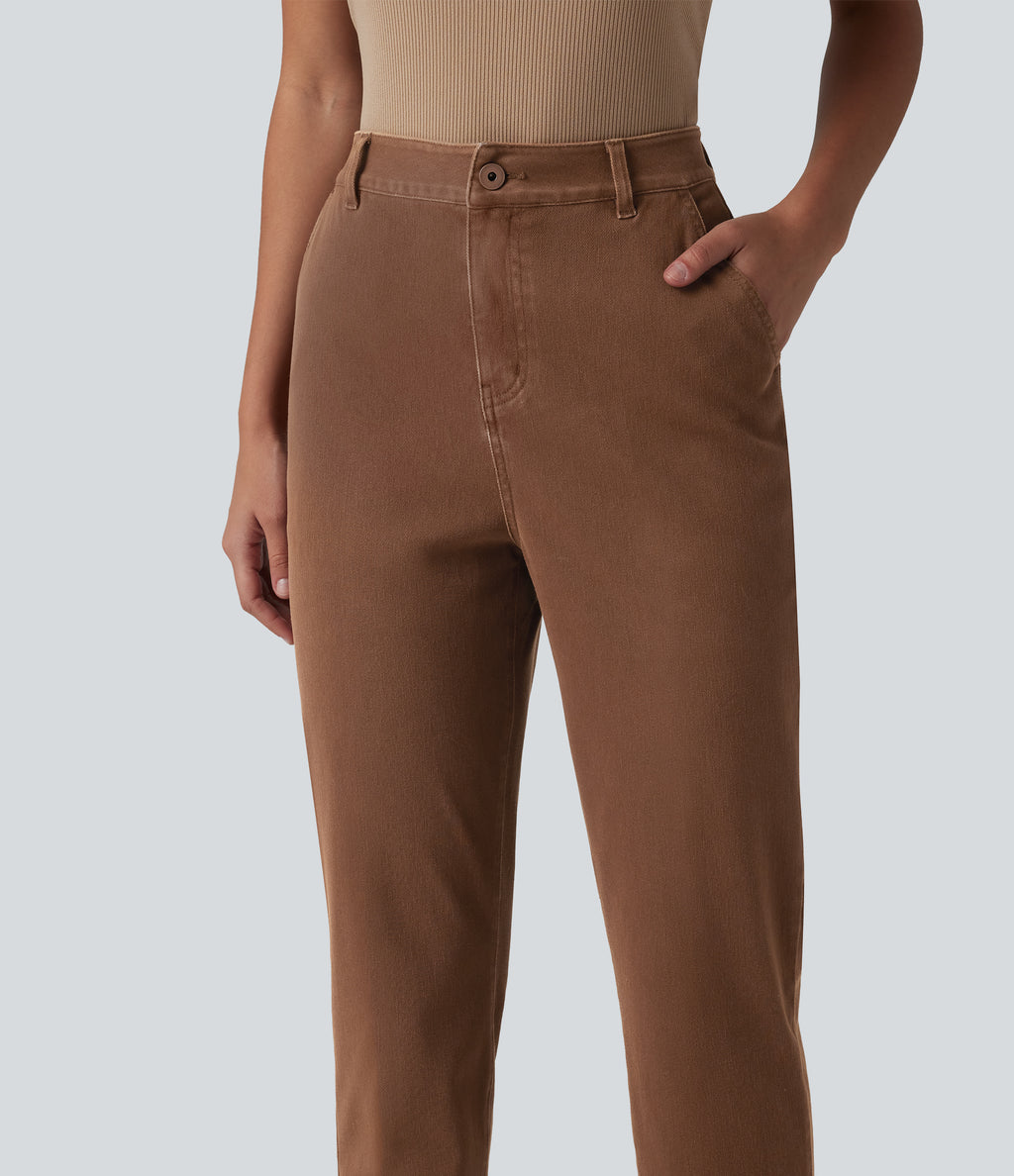 High Waisted Tapered Work Jeans with Pockets — Cliffside Brown — view 4