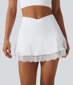 Airy High Waisted Crossover 2-in-1 Lace Hem InstantCool Mini Golf Skirt with Pockets — White — view 3