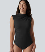 Mock Neck Ruched Sleeveless Casual Bodysuit — Tap Shoe — view 5