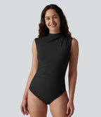 Mock Neck Ruched Sleeveless Casual Bodysuit — Tap Shoe — view 2
