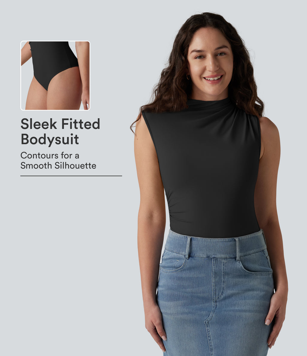 Mock Neck Ruched Sleeveless Casual Bodysuit — Tap Shoe — view 1