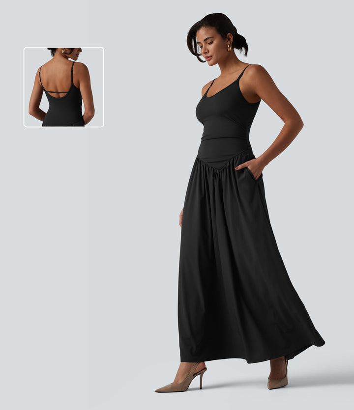 Backless Adjustable Straps Ruched Built-in Bra Flowy Maxi Quick Dry Bridesmaid and Wedding Guest Slip Dress with Pockets — Black — view 1