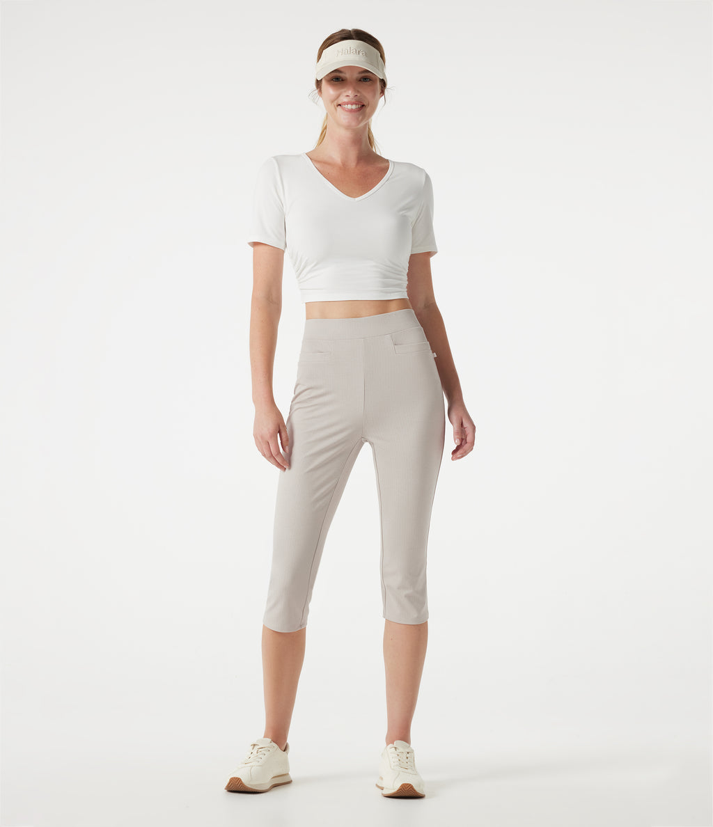High-waisted Slim Herringbone Golf Capri Trousers with Pockets — Moonbeam — view 8
