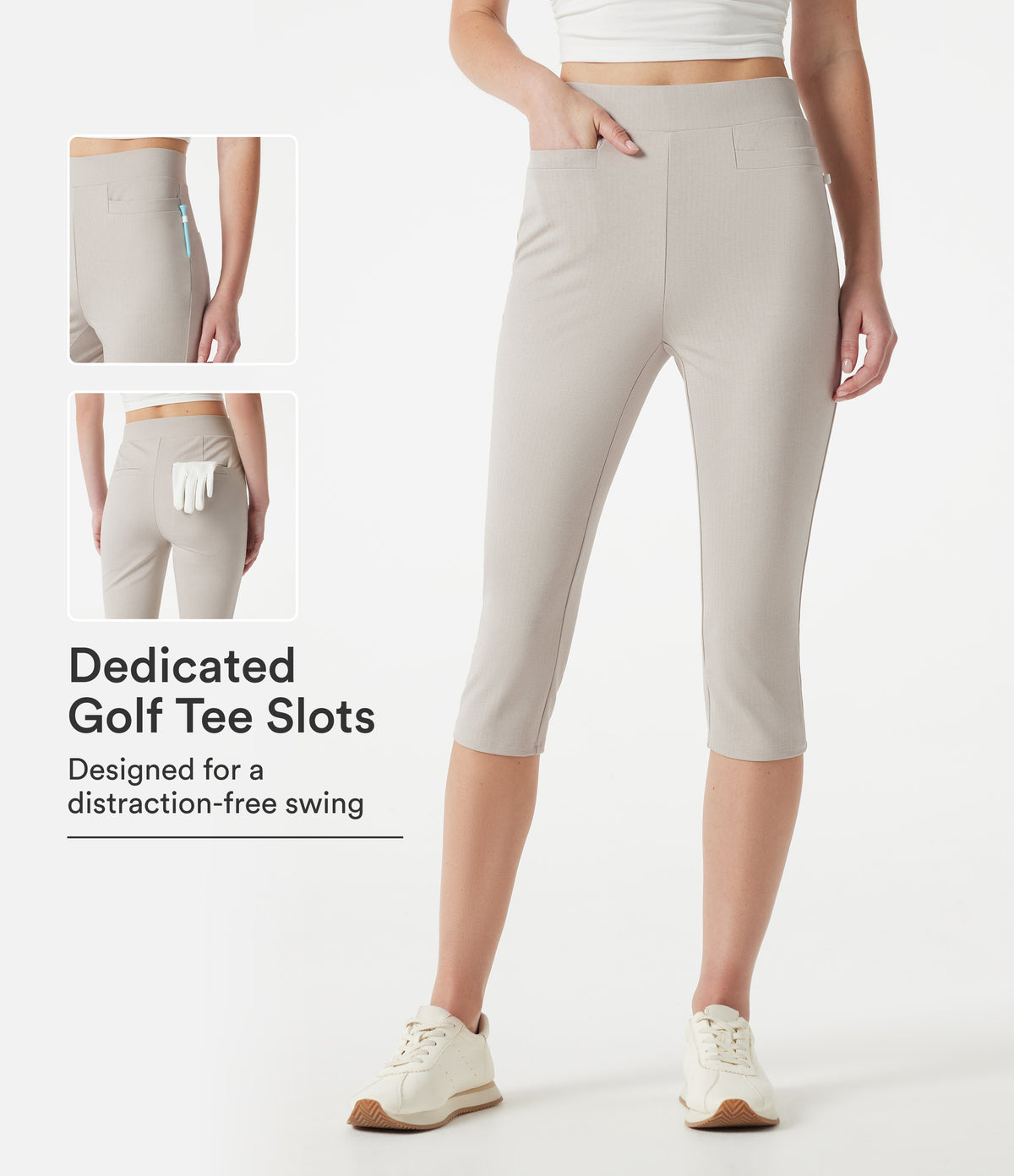 High-waisted Slim Herringbone Golf Capri Trousers with Pockets — Moonbeam — view 1