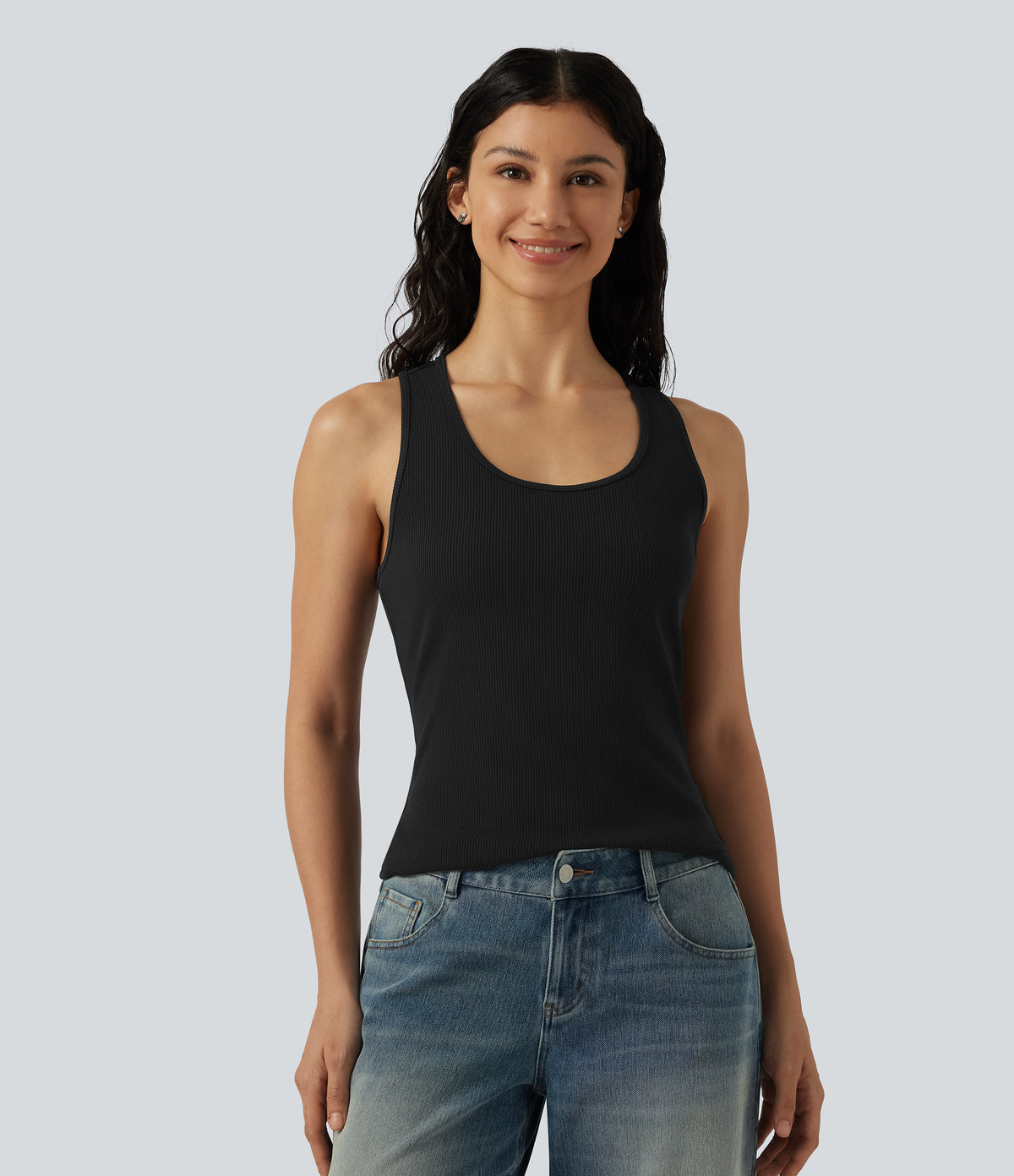 Ribbed Knit U-Neck Crossover Cut-Out Back Curved Hem Casual Tank Top — Black — view 2