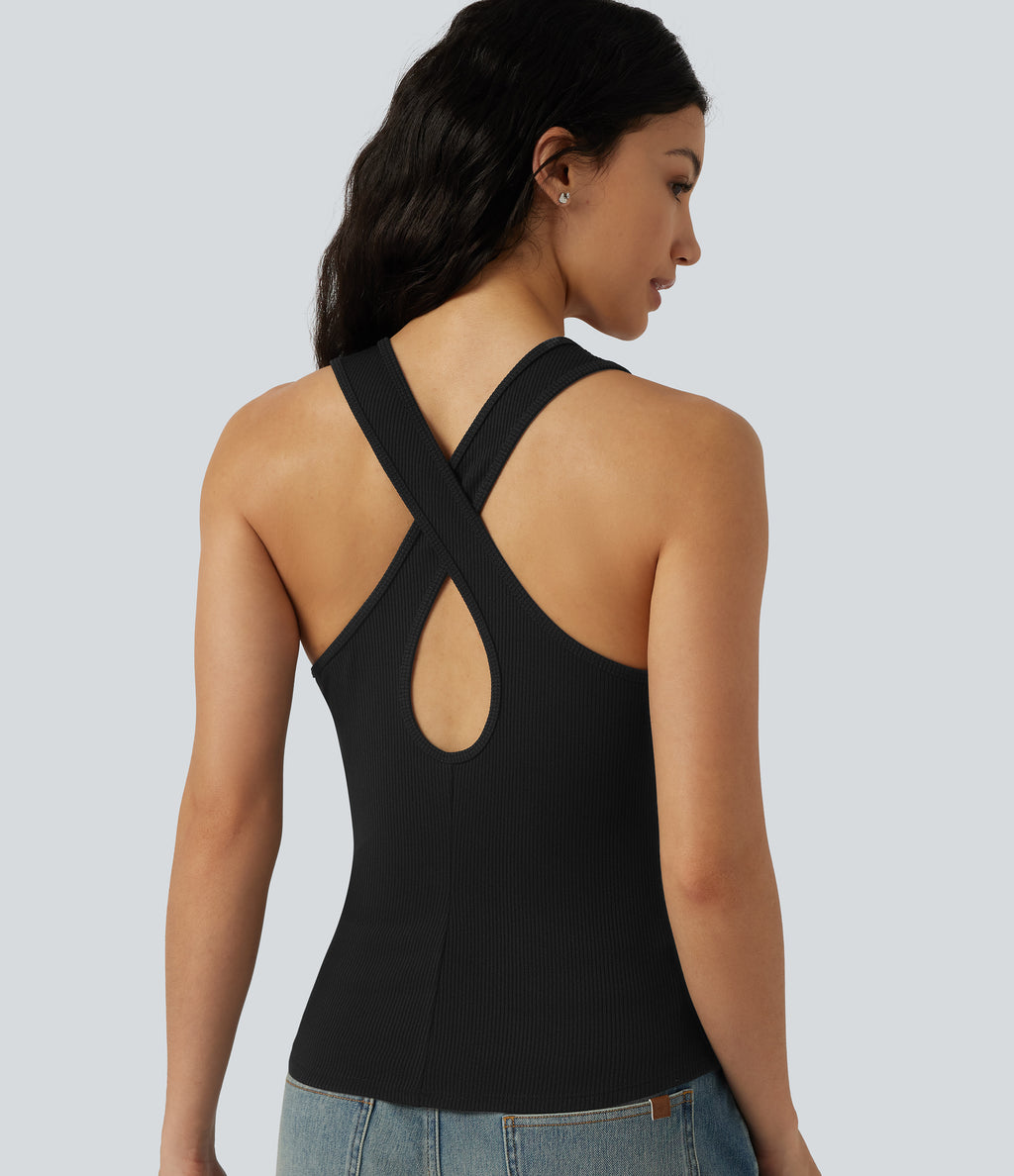 Ribbed Knit U-Neck Crossover Cut-Out Back Curved Hem Casual Tank Top — Black — view 1