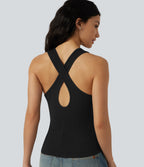Ribbed Knit U-Neck Crossover Cut-Out Back Curved Hem Casual Tank Top — Black — view 1