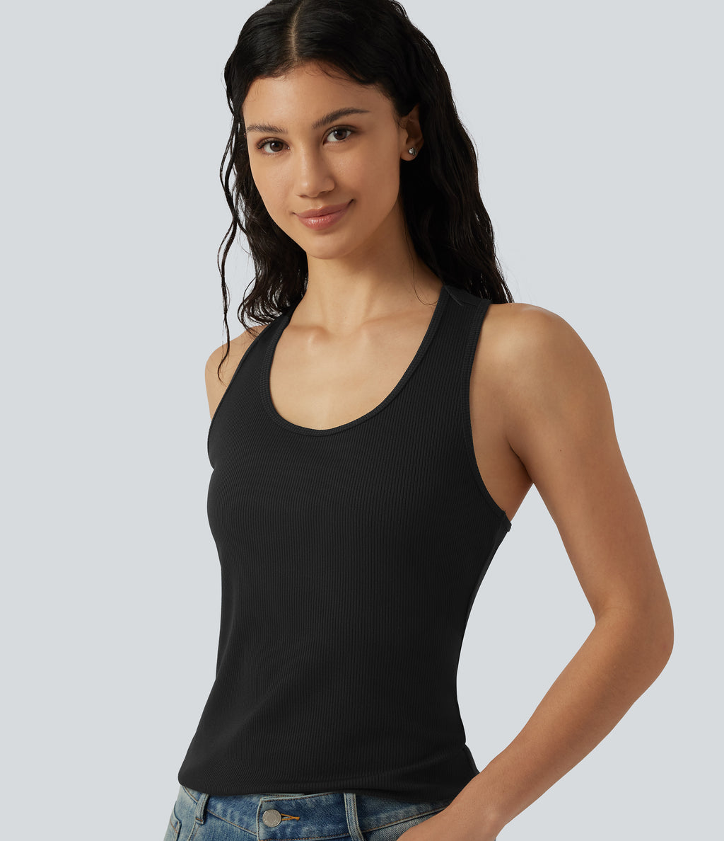 Ribbed Knit U-Neck Crossover Cut-Out Back Curved Hem Casual Tank Top — Black — view 6