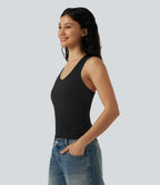 Ribbed Knit U-Neck Crossover Cut-Out Back Curved Hem Casual Tank Top — Black — view 3
