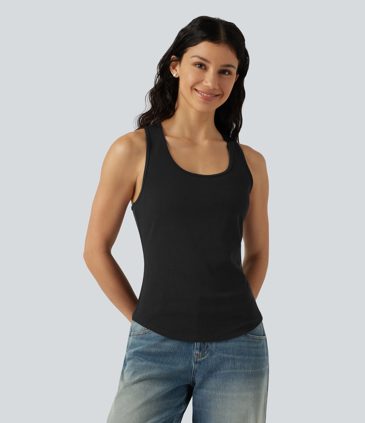 Ribbed Knit U-Neck Crossover Cut-Out Back Curved Hem Casual Tank Top — Black — view 4