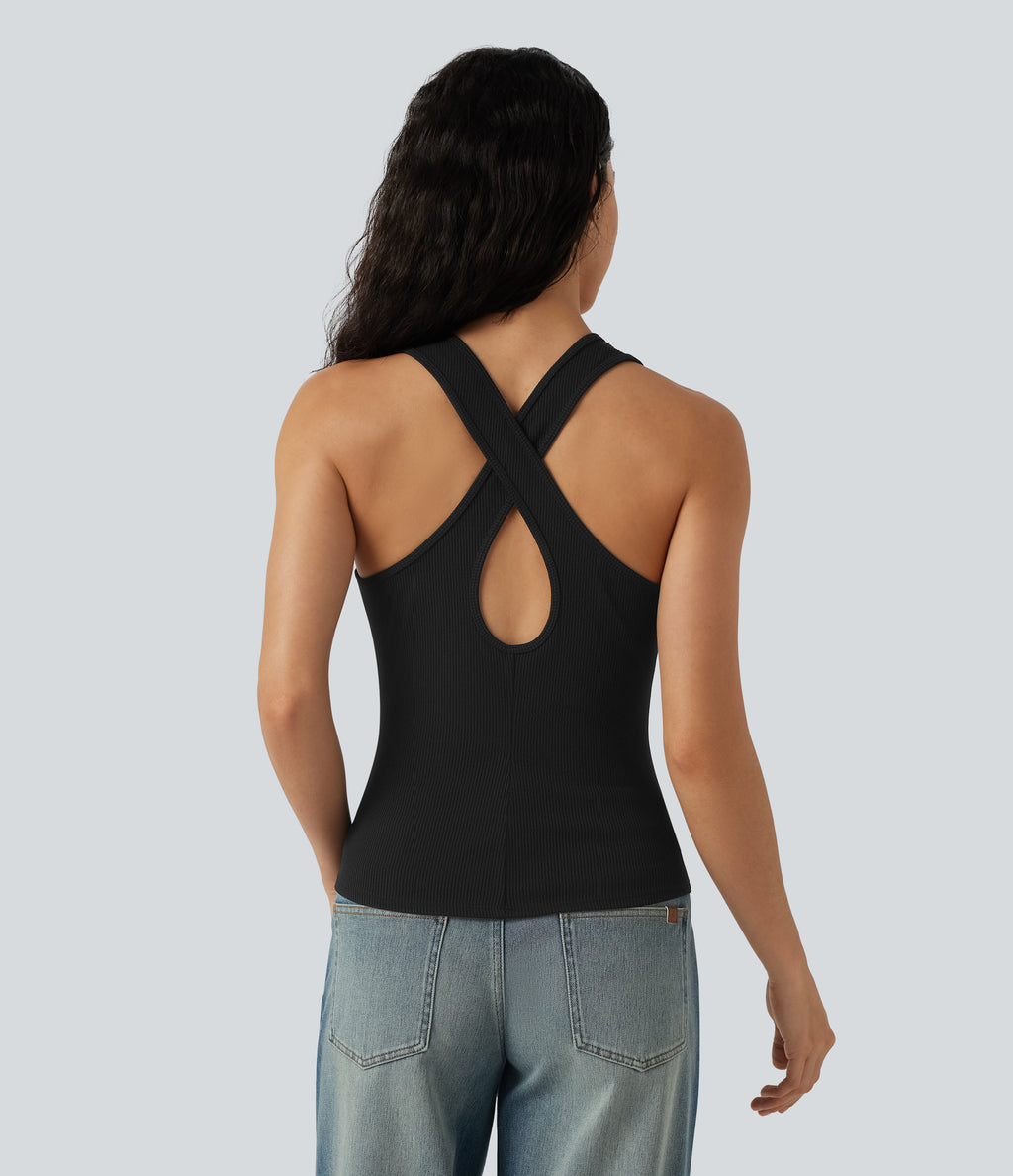 Ribbed Knit U-Neck Crossover Cut-Out Back Curved Hem Casual Tank Top — Black — view 5