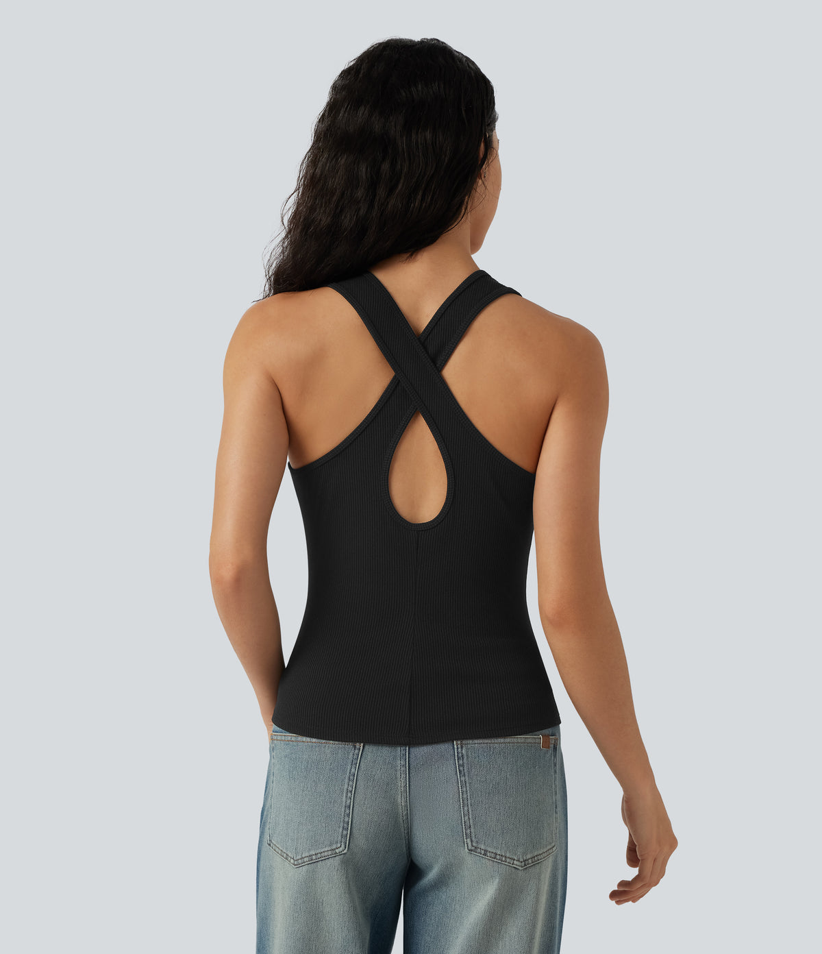 Ribbed Knit U-Neck Crossover Cut-Out Back Curved Hem Casual Tank Top — Black — view 5