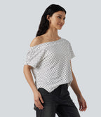 One Shoulder Short Sleeve Curved Hem High Low Built-in Bra Polka Dot Casual Top — Snow Dots — view 4