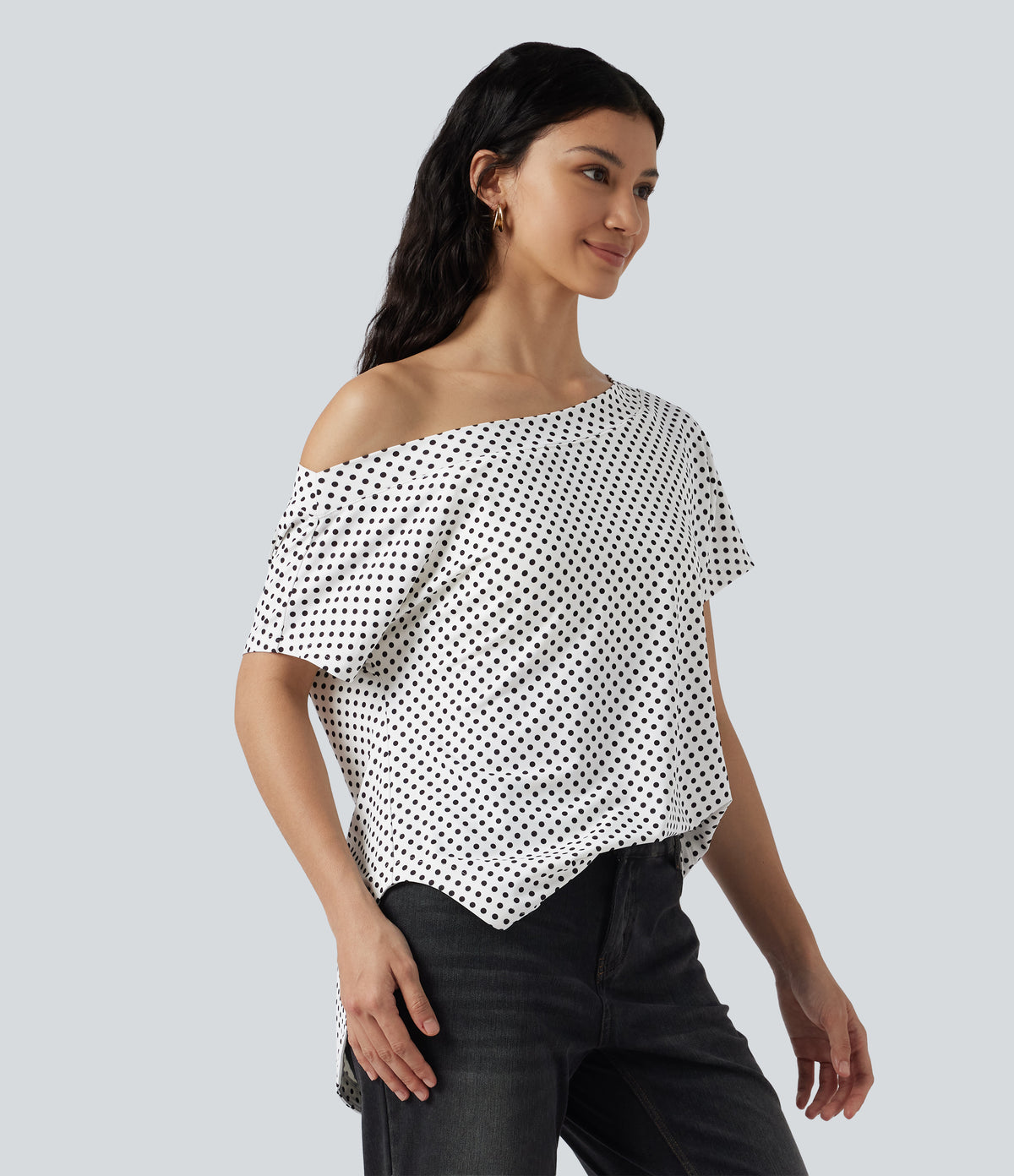 One Shoulder Short Sleeve Curved Hem High Low Built-in Bra Polka Dot Casual Top — Snow Dots — view 4