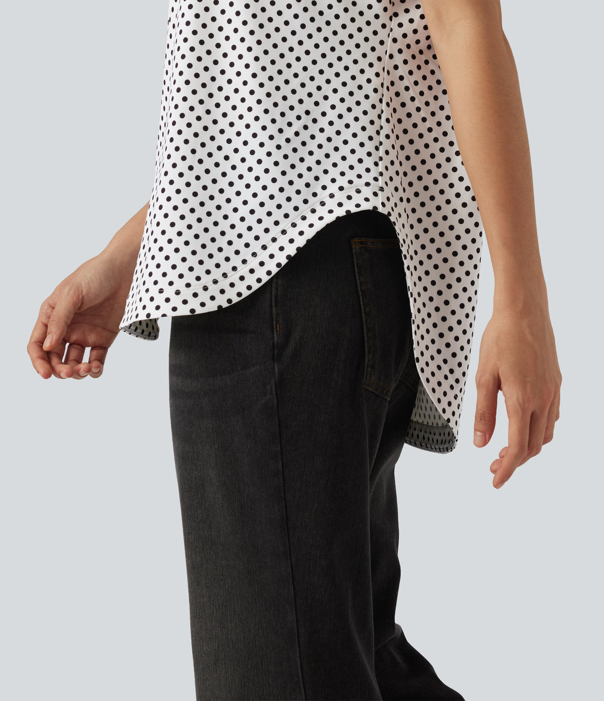 One Shoulder Short Sleeve Curved Hem High Low Built-in Bra Polka Dot Casual Top — Snow Dots — view 6