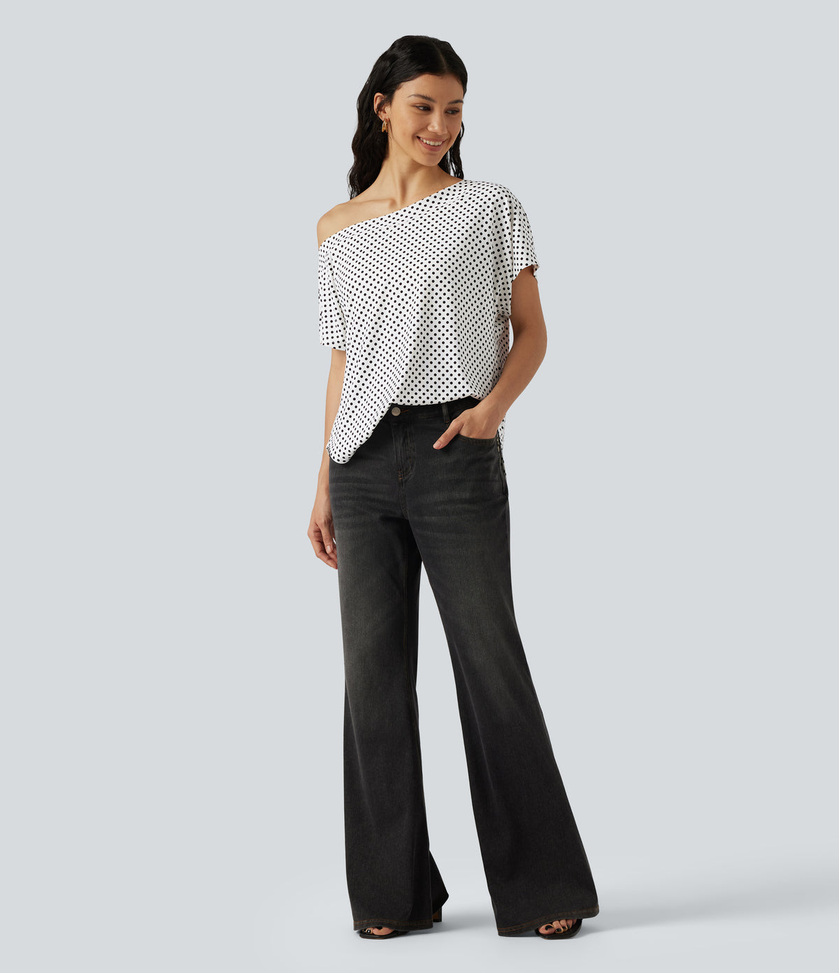 One Shoulder Short Sleeve Curved Hem High Low Built-in Bra Polka Dot Casual Top — Snow Dots — view 8
