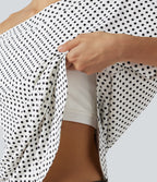 One Shoulder Short Sleeve Curved Hem High Low Built-in Bra Polka Dot Casual Top — Snow Dots — view 5