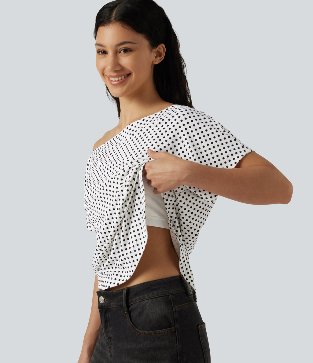 One Shoulder Short Sleeve Curved Hem High Low Built-in Bra Polka Dot Casual Top — Snow Dots — view 1
