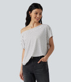 One Shoulder Short Sleeve Curved Hem High Low Built-in Bra Polka Dot Casual Top — Snow Dots — view 3