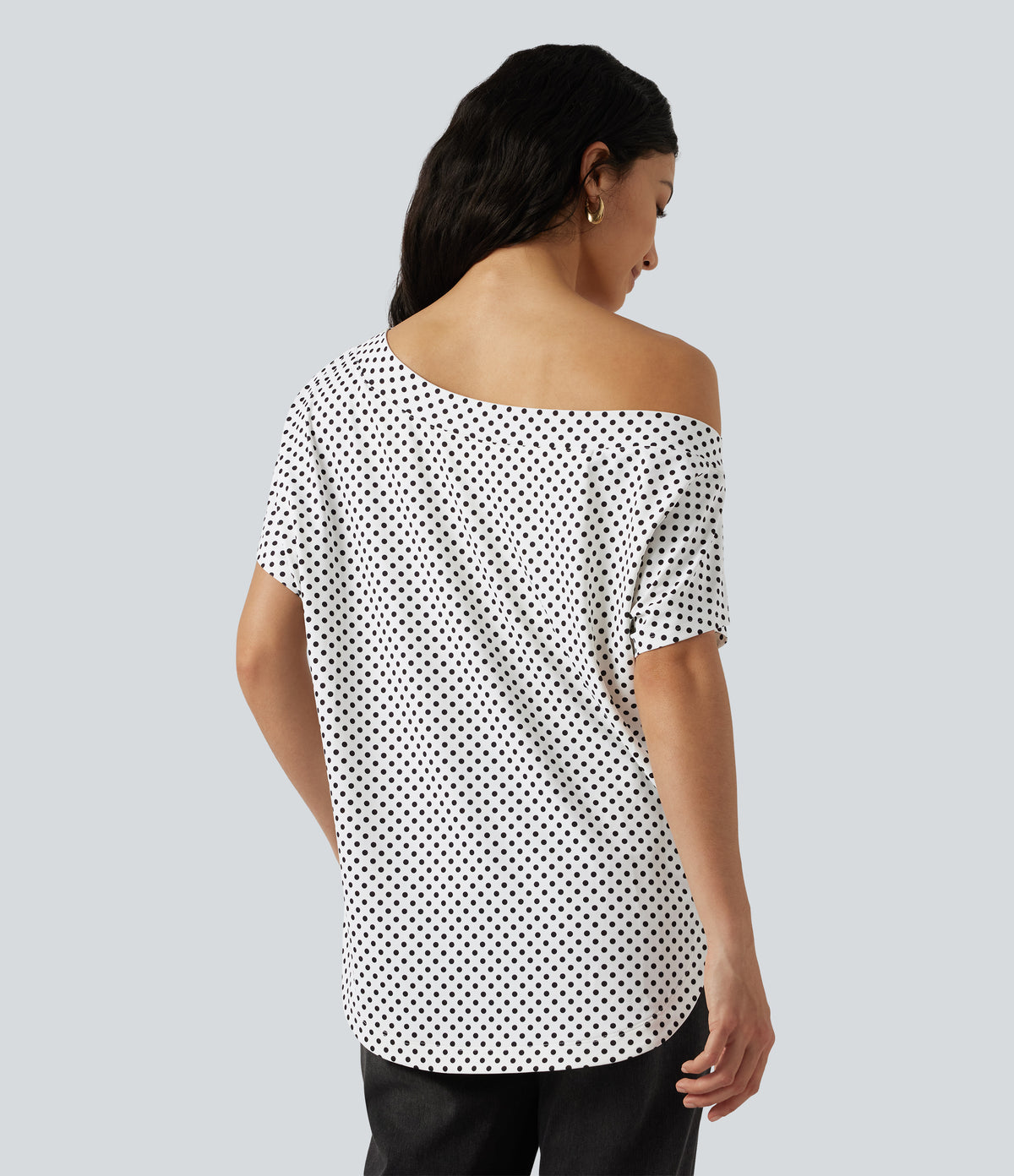 One Shoulder Short Sleeve Curved Hem High Low Built-in Bra Polka Dot Casual Top — Snow Dots — view 2