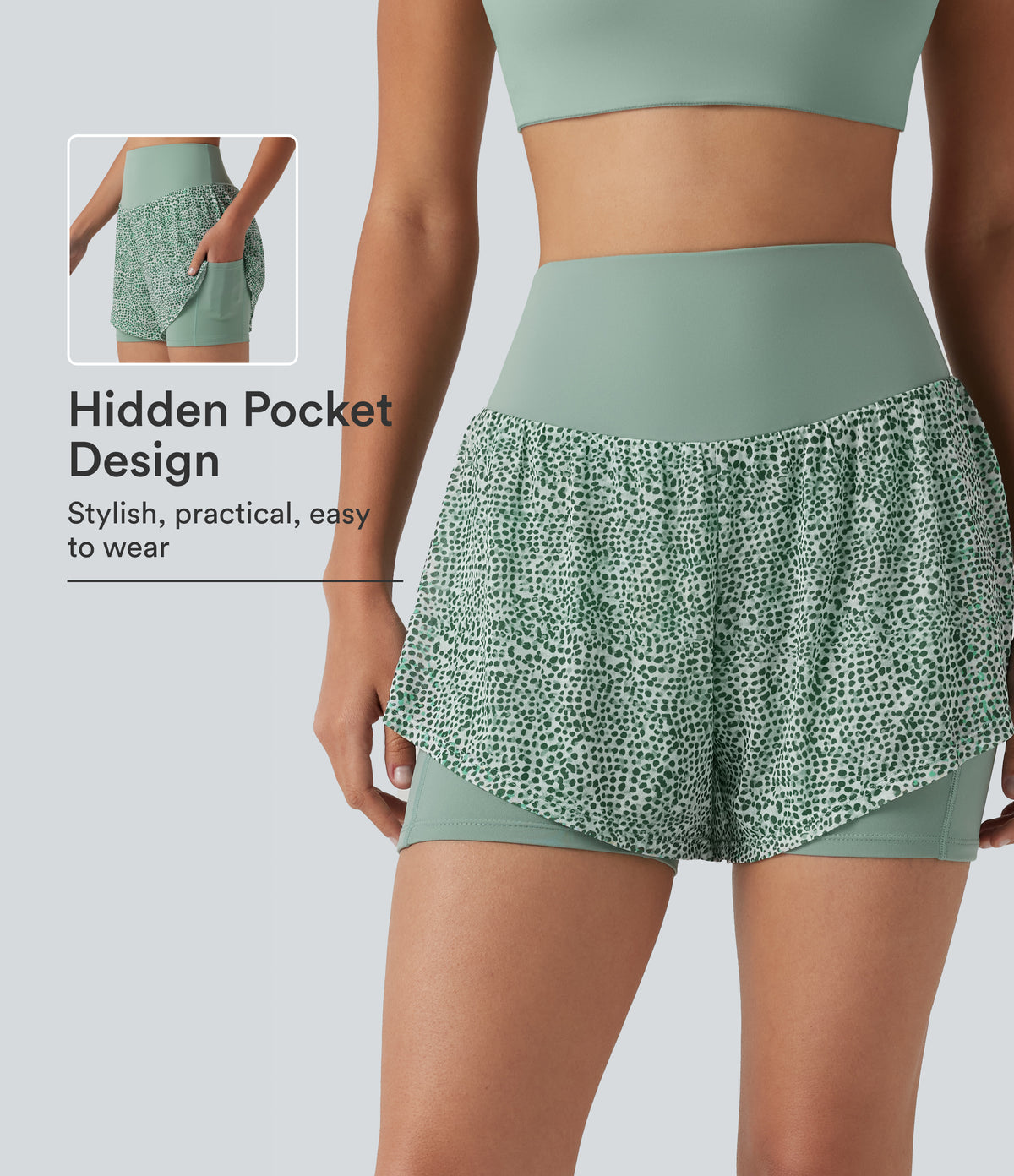 High-waisted Leopard Print 2-in-1 Running Baggy Shorts with Pockets — Silver Green Leopard Print — view 1