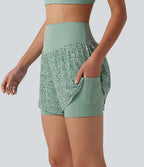 High-waisted Leopard Print 2-in-1 Running Baggy Shorts with Pockets — Silver Green Leopard Print — view 4