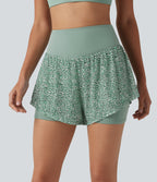High-waisted Leopard Print 2-in-1 Running Baggy Shorts with Pockets — Silver Green Leopard Print — view 6