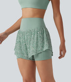 High-waisted Leopard Print 2-in-1 Running Baggy Shorts with Pockets — Silver Green Leopard Print — view 3