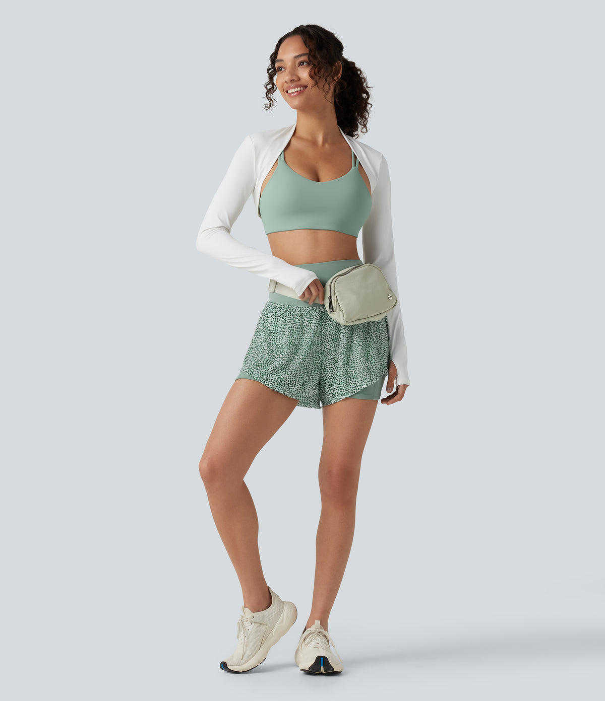 High-waisted Leopard Print 2-in-1 Running Baggy Shorts with Pockets — Silver Green Leopard Print — view 7