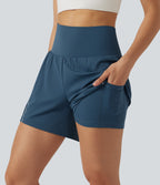 Airy Reflective High Waisted 2-in-1 InstantCool Yoga Shorts 5'' with Pockets — Majolica Blue — view 5