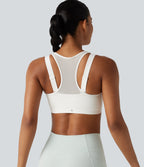 Medium Support Scoop Neck Zip Fly Racerback Contrast Mesh Non-Removable Pad Training Sports Bra — White — view 5
