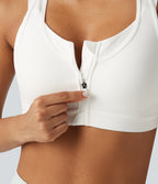 Medium Support Scoop Neck Zip Fly Racerback Contrast Mesh Non-Removable Pad Training Sports Bra — White — view 6