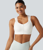 Medium Support Scoop Neck Zip Fly Racerback Contrast Mesh Non-Removable Pad Training Sports Bra — White — view 4