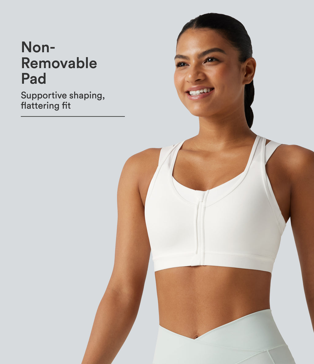 Medium Support Scoop Neck Zip Fly Racerback Contrast Mesh Non-Removable Pad Training Sports Bra — White — view 1
