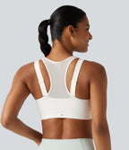 Medium Support Scoop Neck Zip Fly Racerback Contrast Mesh Non-Removable Pad Training Sports Bra — White — view 2