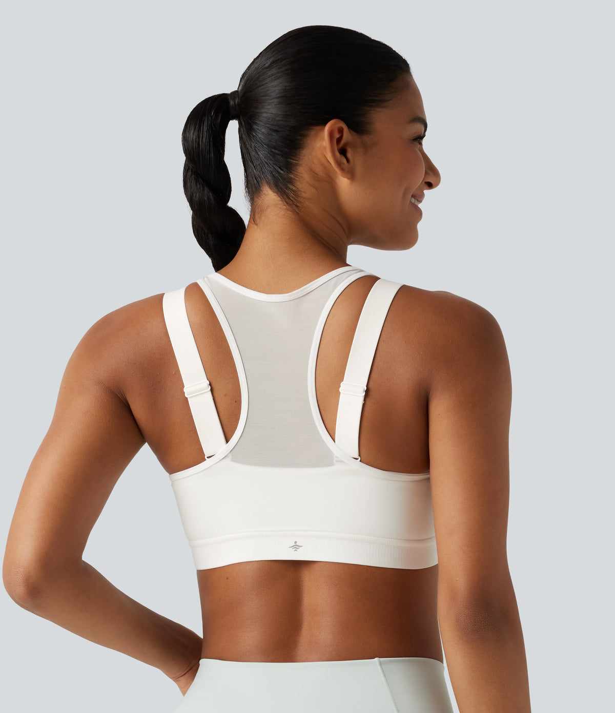 Medium Support Scoop Neck Zip Fly Racerback Contrast Mesh Non-Removable Pad Training Sports Bra — White — view 2