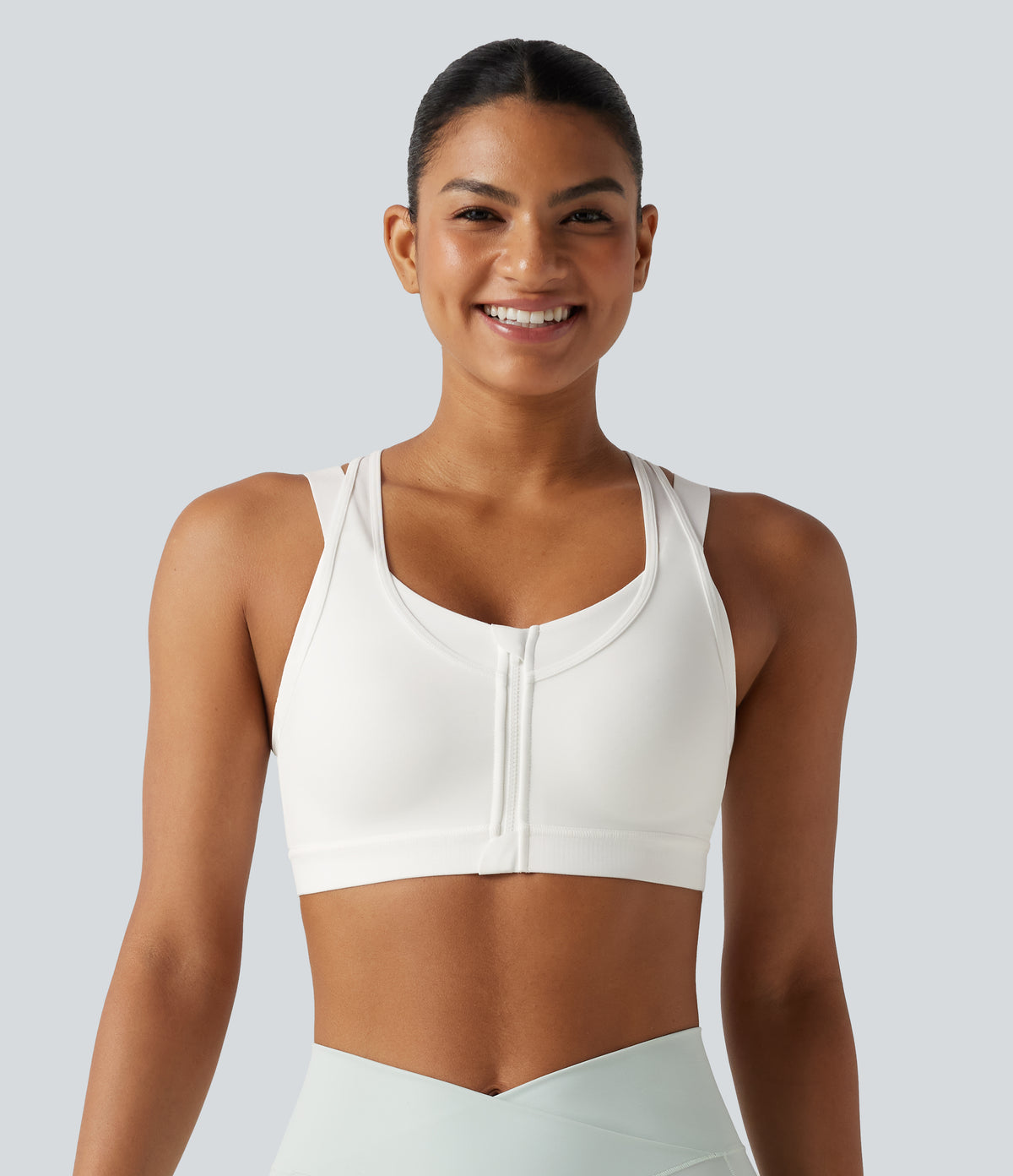 Medium Support Scoop Neck Zip Fly Racerback Contrast Mesh Non-Removable Pad Training Sports Bra — White — view 3