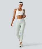 Medium Support Scoop Neck Zip Fly Racerback Contrast Mesh Non-Removable Pad Training Sports Bra — White — view 8