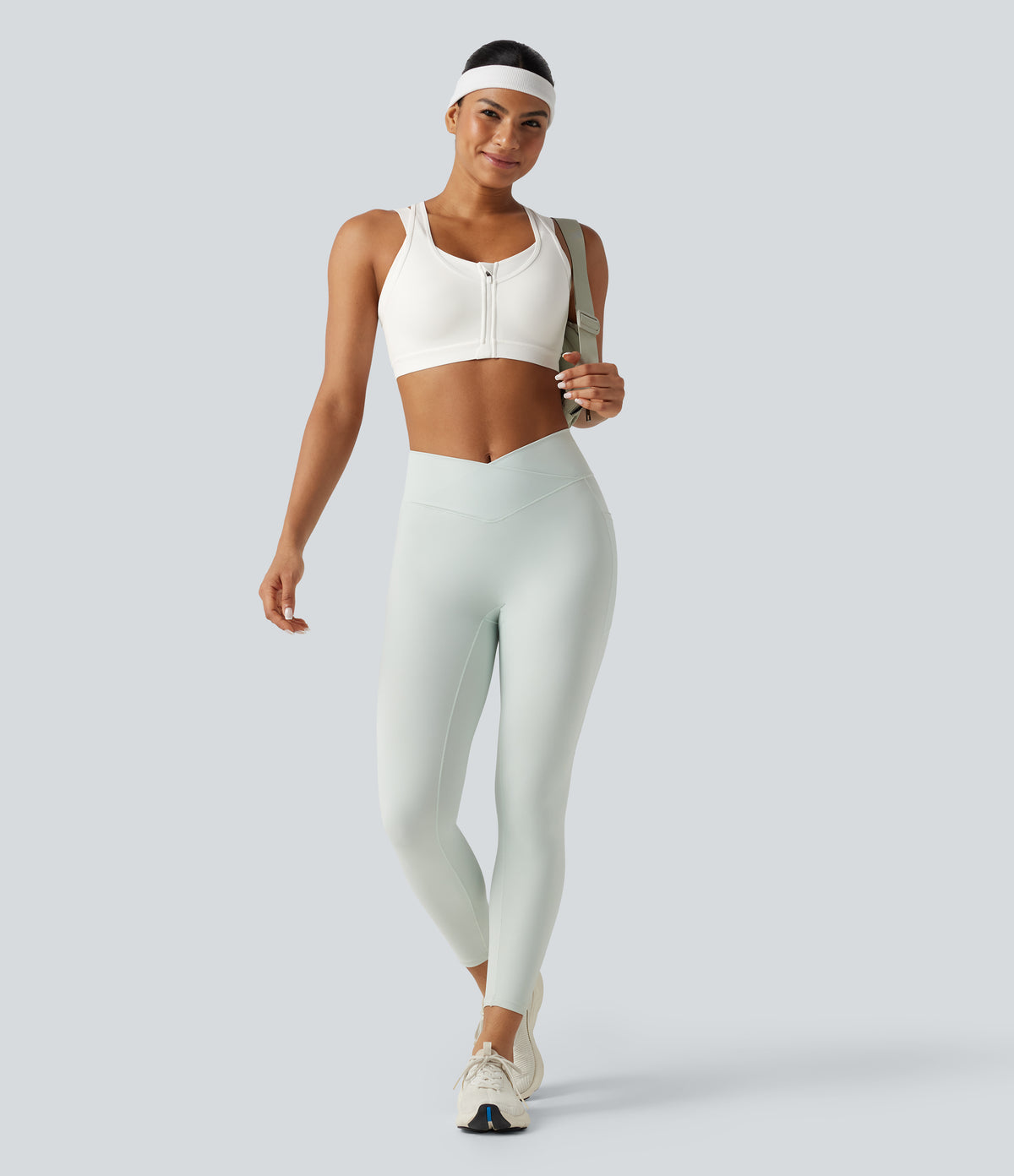 Medium Support Scoop Neck Zip Fly Racerback Contrast Mesh Non-Removable Pad Training Sports Bra — White — view 8